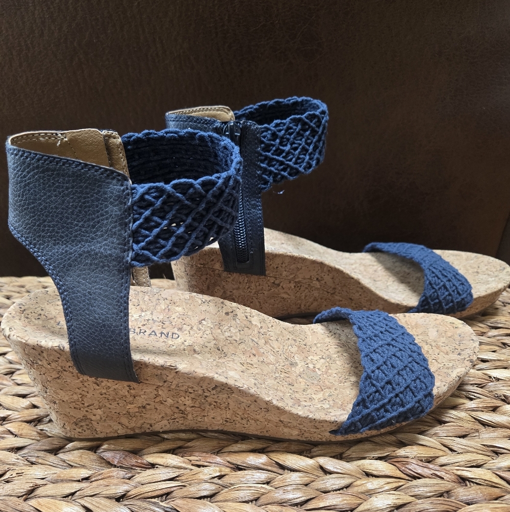 Lucky Brand Blue Leather Cork Wedge Sandals NWOT